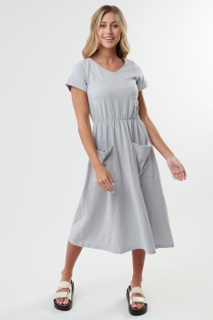 V Neck Cuffed Sleeve Patch Pocket Dress